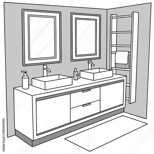 Modern Double Sink Bathroom Vanity with Storage and Mirrors.