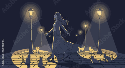 Woman Walking Alone Under Streetlights at Night.