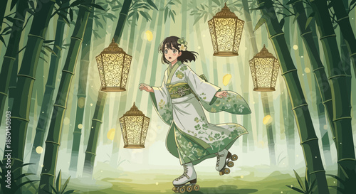 Young Girl Dancing with Lanterns in Forest.