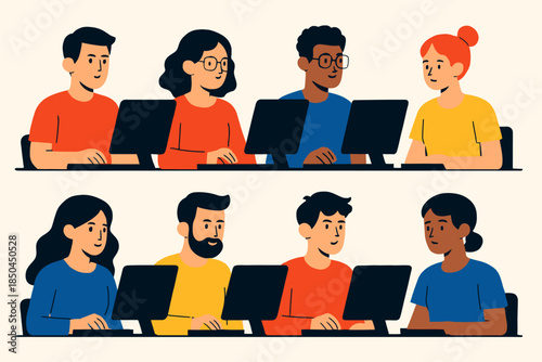 Diverse Group of Students Engaged in Computer-Based Learning.