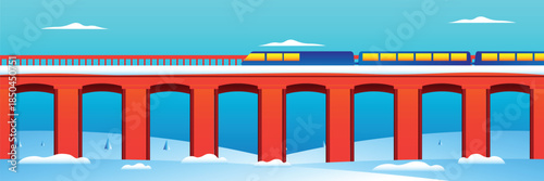 A modern winter landscape illustration featuring a high-speed train crossing a classic bridge. Designed with clean shapes, vibrant colors, and a professional flat style, this artwork represents innova