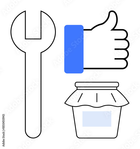 Concept of maintenance with a wrench, preservation with a jar, and approval by a thumbs-up. Maintenance tools and approval processes, product storage ideas. Icons for business, repair, storage