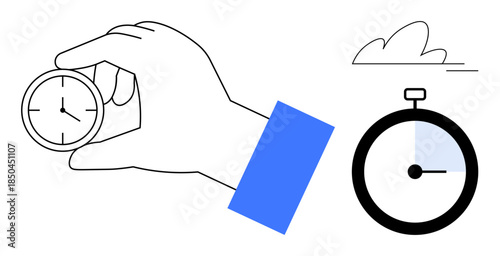 Time management, efficiency, speed, productivity, measurement, countdown. Hand holding a stopwatch with abstract clock. Time management and efficiency concept