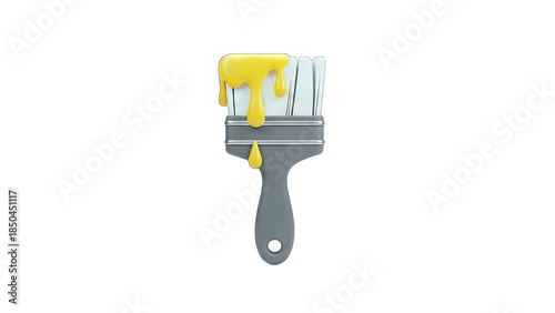Paintbrush with Yellow Paint Dripping on White Background