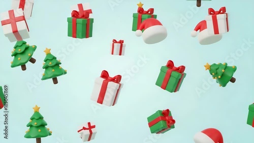 A festive scene featuring christmas trees, gifts, and santa hats floating in the air on a light blue background, evoking a sense of holiday cheer and celebration