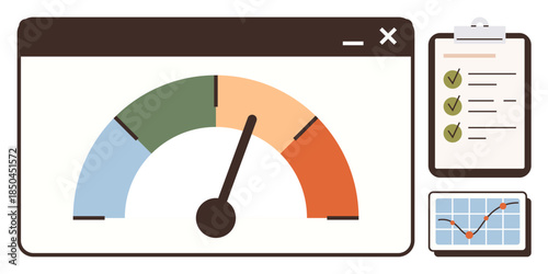 Speedometer gauge showing performance levels, checklist with completed tasks, and data chart for analytics. Ideal for productivity, assessment, efficiency, performance, planning, tracking data
