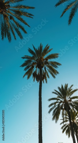 Tall palm tree silhouette reaching toward a bright blue sky, suggesting a relaxing tropical vacation paradise setting, island, beach, coast