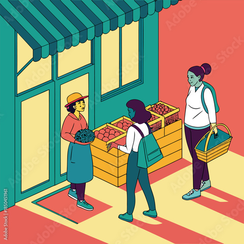 People interacting at a small grocery store.