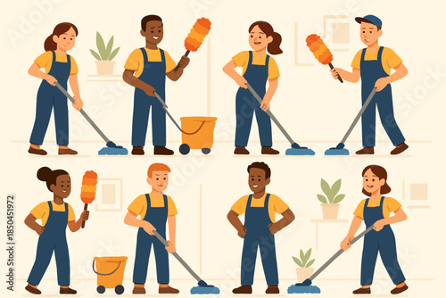 Diverse Group of Professional Cleaners Engaged in Various Cleaning Activities.
