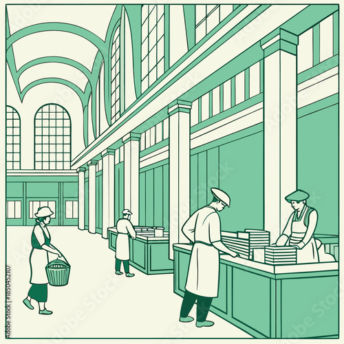 People working in a food market hall.