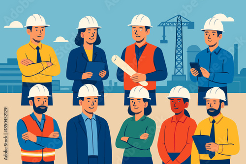 Diverse Group of Construction Workers and Engineers in Hard Hats.