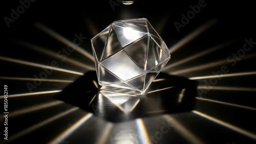 A clear glass or crystal geometric dodecahedron shape reflecting light on a dark surface with rays of light emanating from it