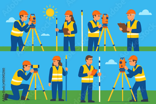 Surveyors using total station and leveling staff for land measurement.