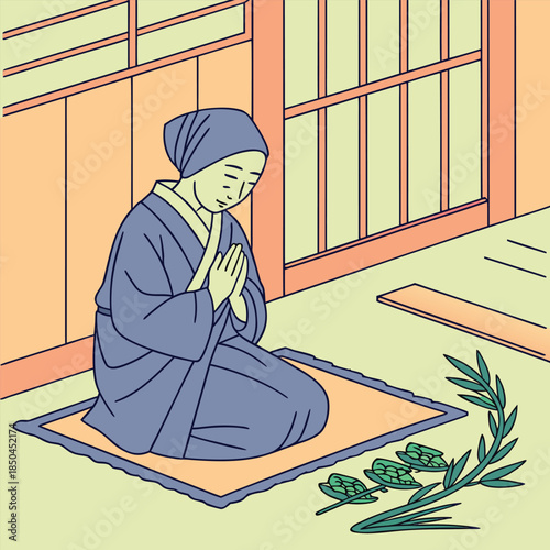 Person in traditional Japanese attire praying peacefully.