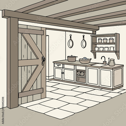 Rustic Kitchen Interior with Wooden Door and Countertop.