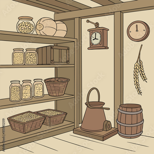 Rustic pantry filled with grains and preserved food items.