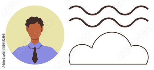 Man in formal attire next to a cloud with wavy lines above. Ideal for communication, networking, creativity, ideas, innovation, data storage, teamwork. Simple flat metaphor