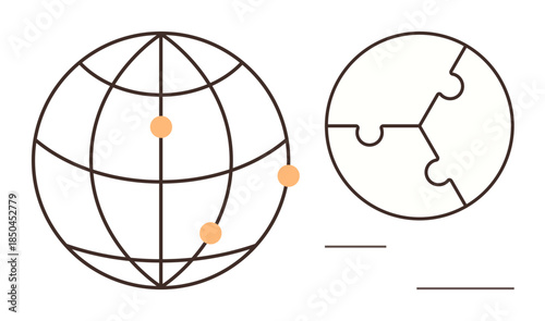 A wireframe globe with connection points and a segmented puzzle globe, representing global collaboration, teamwork, innovation, problem-solving, international business, education, and unity. Simple