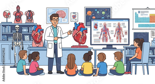 Doctor Teaching Children Human Anatomy Models.