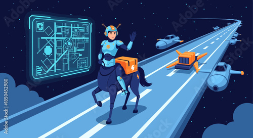 Futuristic Astronaut Riding Horse in Space Highway.