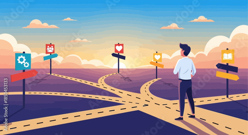 Man Standing at Crossroads with Signs.