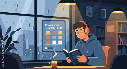 Man Wearing Headphones Reading Book at Desk.