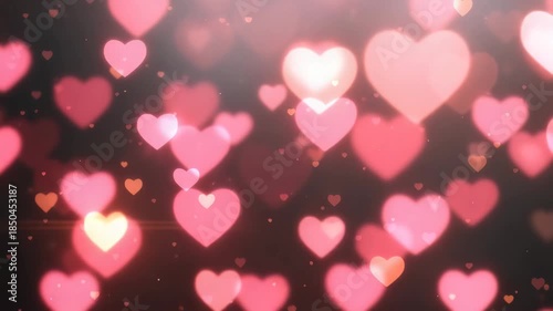 Beautiful pink and red heart shapes floating on dark background with bokeh effect for valentines day