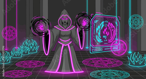 Neon Lit Hooded Figure with Glowing Objects.