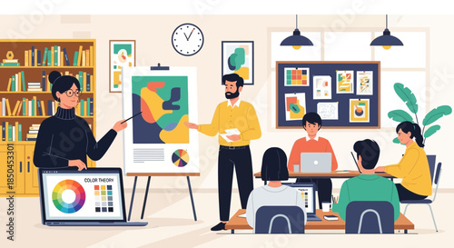 Team Discussing Project with Presentation Screen.