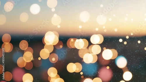 Blurry colorful bokeh lights in the foreground against a sunset or sunrise background with a gradient sky