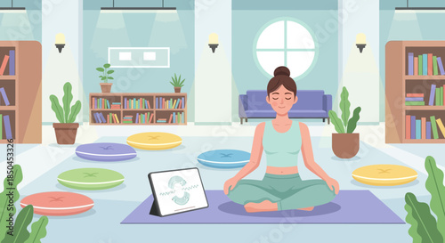 Woman Meditating with Laptop on Yoga Mat.