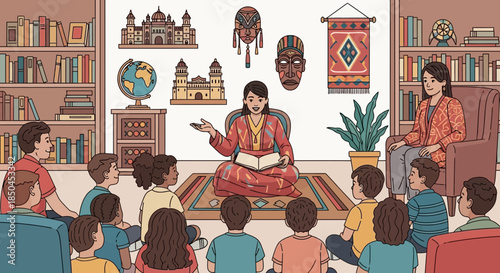 Woman Reading Story to Children in Classroom.