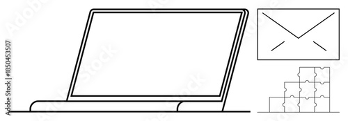 Communication concept. Minimalist outline of a laptop, envelope, and puzzle pieces s communication and problem-solving. Communication in remote work, email exchange, and creative team building