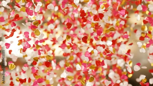 Colorful heart shaped confetti in red, pink, white, and gold falling in the air with blurred background
