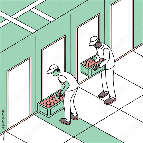 Two workers are carefully sorting and packing fresh apples into crates.