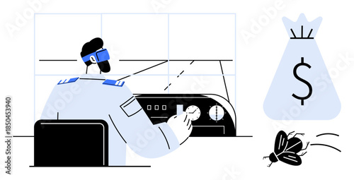 Pilot engaged with airplane control panel in cockpit alongside symbols of financial motivation including a money bag and a flying insect. Ideal for aviation, finance, success, motivation, investment
