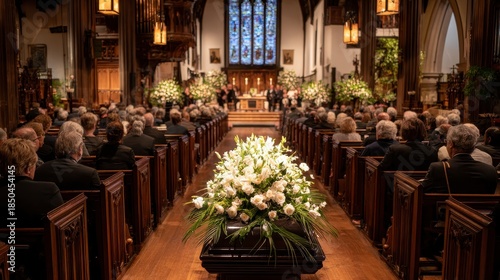 Interior view of a church, filled with mourners attending a service with a casket at the center. Soft lighting illuminates the scene