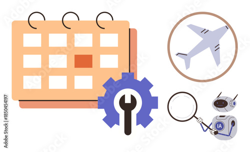 Calendar, gear, and wrench represent scheduling airplane in circle for travel magnifying glass and robot for AI. Ideal for productivity, planning, automation, technology, travel, maintenance simple