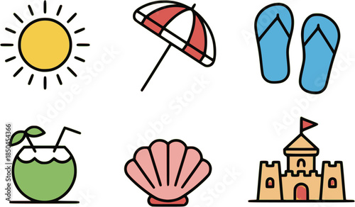 A serene beach scene with a sandcastle, seashell, and refreshing coconut drink under a sunny sky