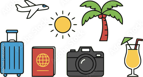 Traveling to a tropical destination with luggage and camera on a sunny day