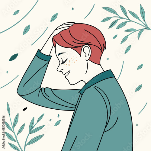 Young person with short red hair and freckles smiling gently.