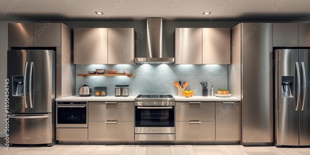 Fototapeta premium Modern kitchen appliances in a sleek, stainless steel finish, cooking, minimalist