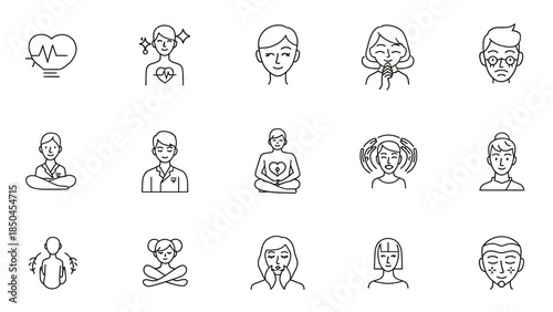 Collection of icons representing human emotions, health, and well-being, showcasing diverse expressions and states of mind