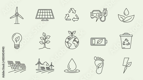 Collection of eco-friendly vector line icons representing renewable energy sources, environmental conservation, and sustainable development concepts