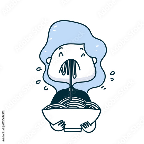 cute girl woman eating noodle ramen sphagetti in a big bowl