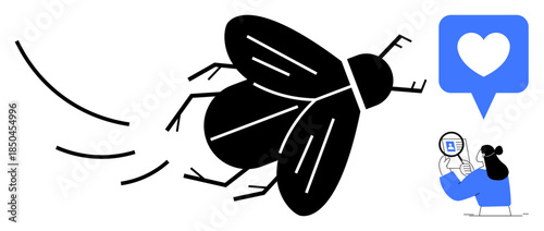 Social media engagement. A woman analyzing social media with a magnifying glass as a large fly with motion lines dominates the scene. Social media concepts, media analysis, engagement trends, online