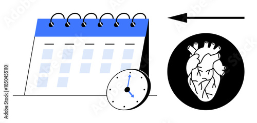 Heart health concept. A calendar, clock, and anatomical heart time management in cardiovascular care. Heart health for healthcare, fitness, wellness, science education, and lifestyle