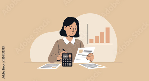 Woman Analyzing Financial Data with Calculator.