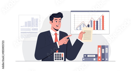 Businessman analyzing data on documents and screen.