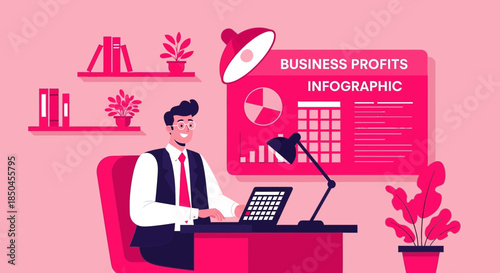 Businessman working on laptop at desk with infographic.